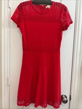 Michael Kors Red Short-Sleeve Fit & Flare Dress with Mesh Insets
